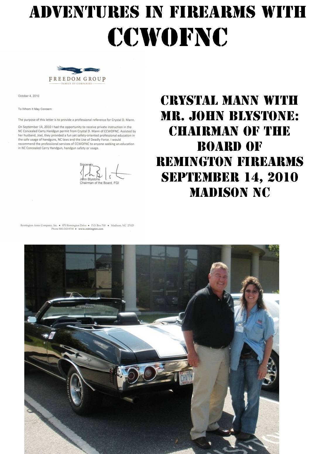 CCWOFNC trains the Chairman of the Board of Remington Firearms September 2010!